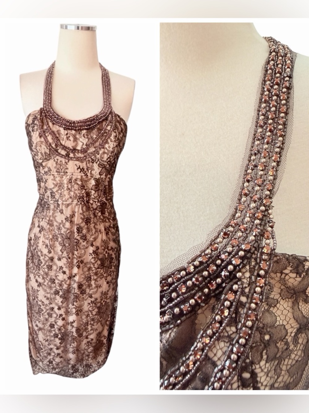Lela Rose Blush and Brown Beaded Halter Lace Midi Dress Sz 6 - Picture 11 of 12